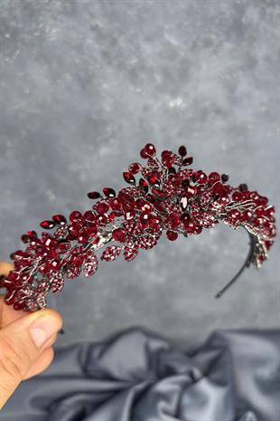 Bordo Boncuk İşlemeli Duru Gelin Kına Tacı