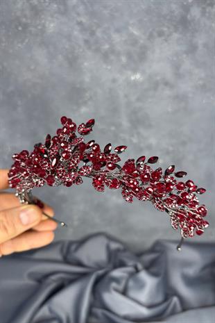 Bordo Boncuk İşlemeli Duru Gelin Kına Tacı