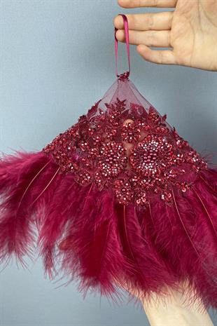 Claret Red Bead Embroidered Vip Hairy Design Bridal Halay Handkerchief 1 Piece