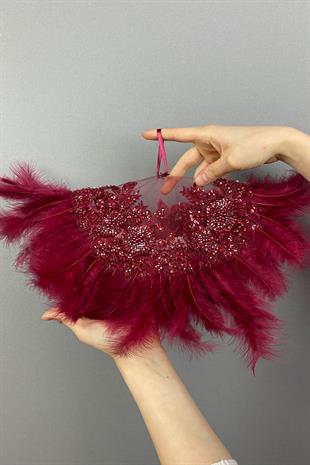 Claret Red Bead Embroidered Vip Hairy Design Bridal Halay Handkerchief 1 Piece