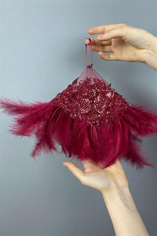 Claret Red Bead Embroidered Vip Hairy Design Bridal Halay Handkerchief 1 Piece