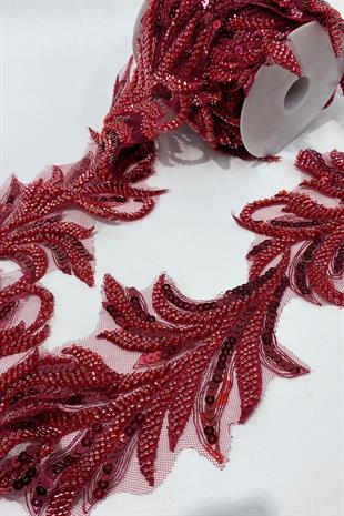 Bordo Boncuk İşlemeli Yaprak Desenli Geniş Şerit Aplik 1 Metre