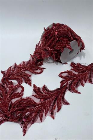 Bordo Boncuk İşlemeli Yaprak Desenli Geniş Şerit Aplik 1 Metre