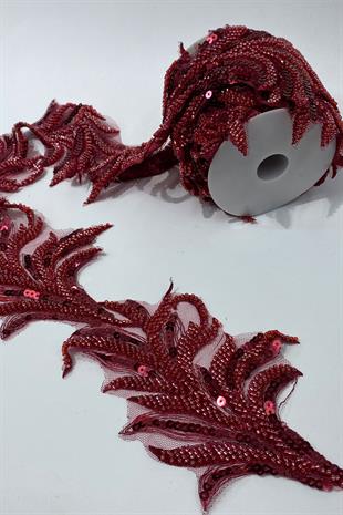 Bordo Boncuk İşlemeli Yaprak Desenli Geniş Şerit Aplik 1 Metre