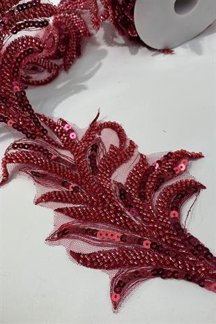 Bordo Boncuk İşlemeli Yaprak Desenli Geniş Şerit Aplik 1 Metre