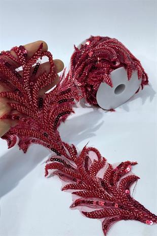 Bordo Boncuk İşlemeli Yaprak Desenli Geniş Şerit Aplik 1 Metre