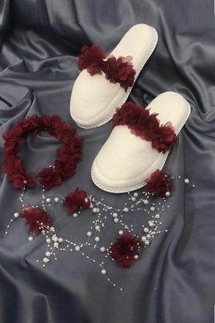 Burgundy Floral Postpartum Slippers and Crown with Pearls