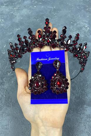 Claret Red Cooker Bridal Henna Tiara and Drop Stone Evening Dress Earrings