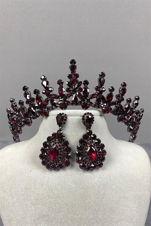 Claret Red Cooker Bridal Henna Tiara and Drop Stone Evening Dress Earrings