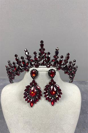 Claret Red Cooker Bridal Henna Crown And Shuttle Stone Evening Dress Earrings