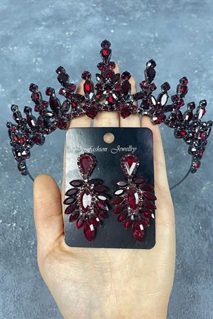 Claret Red Cooker Bridal Henna Tiara and Stud Earrings Set