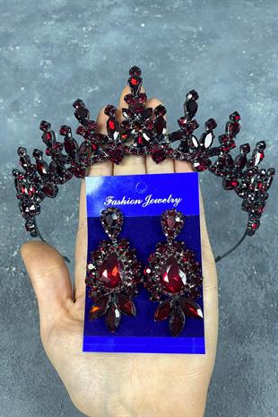 Claret Red Cooker Bridal Henna Crown And Stud Earrings