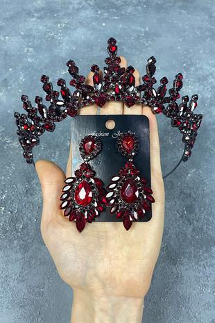 Claret Red Cooker Bridal Henna Crown And Shuttle Stone Evening Dress Earrings