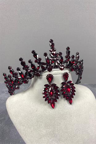 Claret Red Cooker Bridal Henna Tiara and Stud Earrings Set