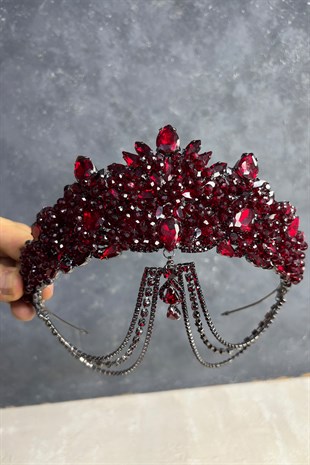 Bordo Cudy Yoğun Boncuk İşlemeli Alınlık Gelin Kına Tacı