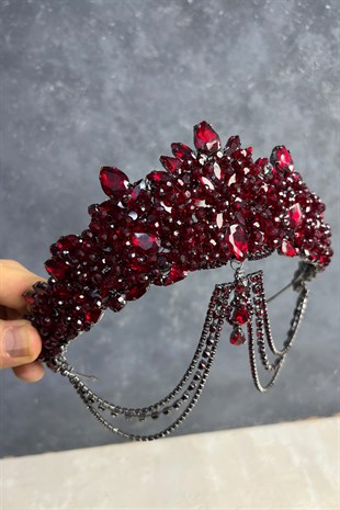 Bordo Cudy Yoğun Boncuk İşlemeli Alınlık Gelin Kına Tacı