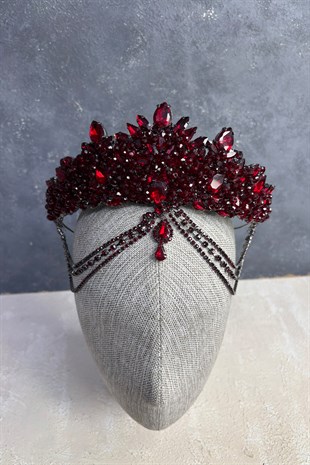 Bordo Cudy Yoğun Boncuk İşlemeli Alınlık Gelin Kına Tacı