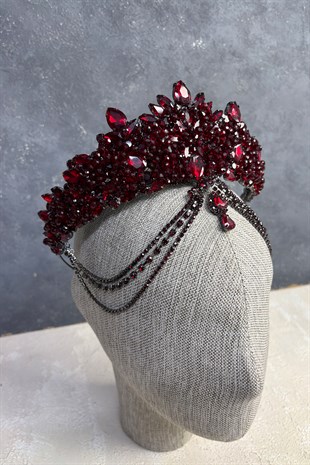 Bordo Cudy Yoğun Boncuk İşlemeli Alınlık Gelin Kına Tacı