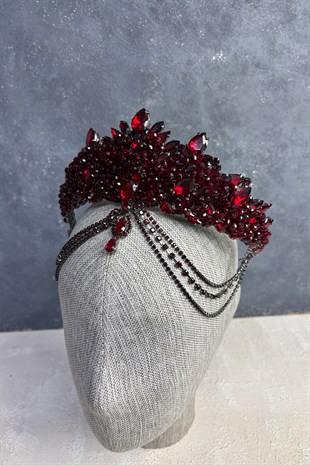 Bordo Cudy Yoğun Boncuk İşlemeli Alınlık Gelin Kına Tacı