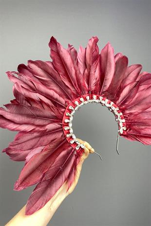 Burgundy Dali Feathered Stone Bridal Henna Crown Accessory