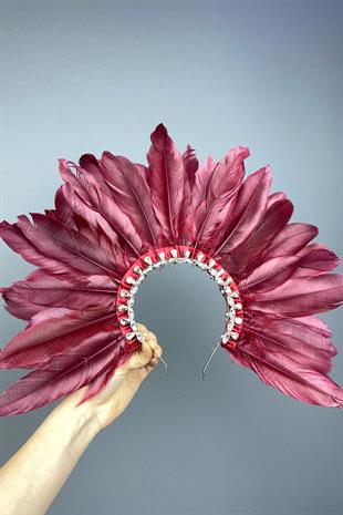 Burgundy Dali Feathered Stone Bridal Henna Crown Accessory