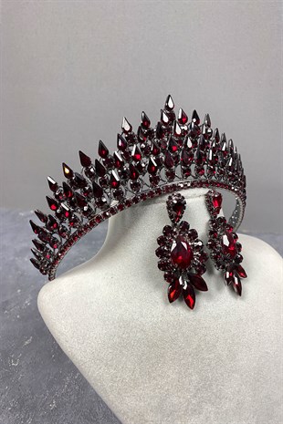 Burgundy Drop 3D Bridal Henna Tiara and Evening Dress Earrings Set