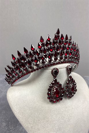 Burgundy Drop 3D Bridal Henna Tiara and Drop Earrings Set