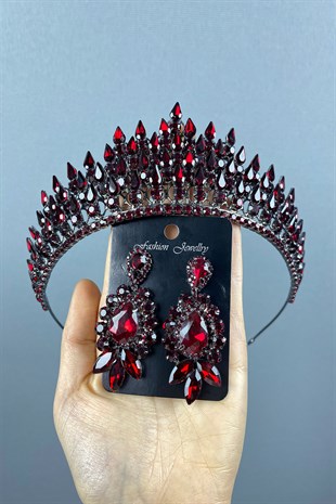 Burgundy Drop 3D Bridal Henna Tiara and Evening Dress Earrings Set