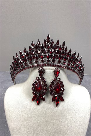 Burgundy Drop 3D Bridal Henna Tiara and Evening Dress Earrings Set