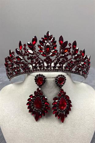 Claret Red Danver Stone Bridal Henna Crown And Earring Set