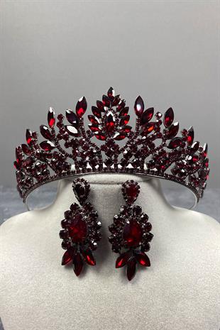 Claret Red Danver Stone Bridal Henna Tiara and Evening Dress Earring Set
