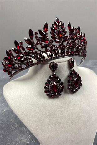 Claret Red Danver Stone Bridal Henna Tiara and Stud Earrings Set