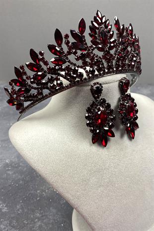Claret Red Danver Stone Bridal Henna Tiara and Evening Dress Earring Set