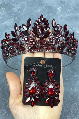 Claret Red Danver Stone Bridal Henna Tiara and Evening Dress Earring Set