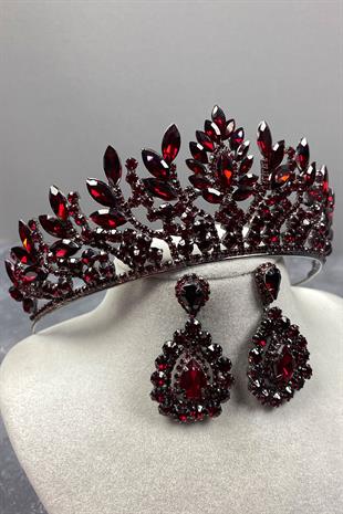 Claret Red Danver Stone Bridal Henna Tiara and Stud Earrings Set