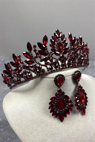 Claret Red Danver Stone Bridal Henna Crown And Earring Set