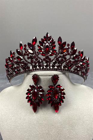 Claret Red Danver Stone Bridal Henna Crown And Earring Set