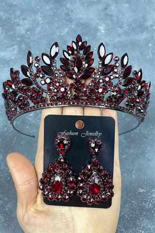 Claret Red Danver Stone Bridal Henna Tiara and Stud Earrings Set