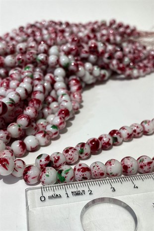 Bordo Desenli Dizi Cam Boncuk 8 mm
