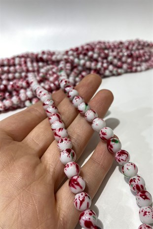 Bordo Desenli Dizi Cam Boncuk 8 mm