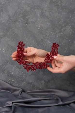 Bordo Duru Boncuklu Gelin Tacı Saç ve Türban Aksesuarı