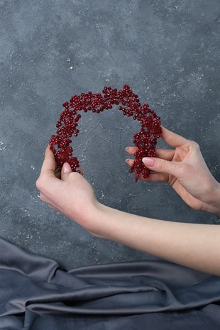 Bordo Duru Boncuklu Gelin Tacı Saç ve Türban Aksesuarı