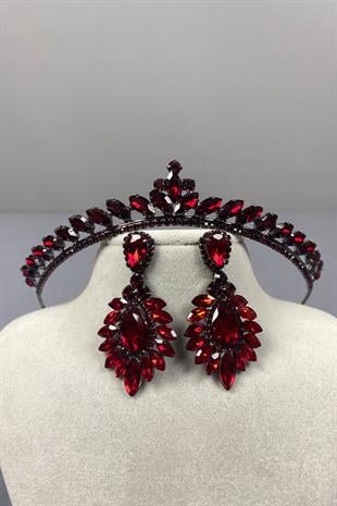 Bordo Ece Gelin Kına Tacı Ve Damla Mekik Küpe Seti