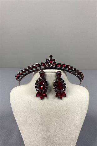 Burgundy Ece Bridal Henna Crown and Drop Shuttle Stone Earring Set