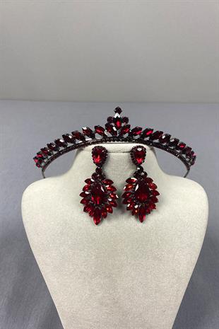 Bordo Ece Gelin Kına Tacı Ve Damla Mekik Küpe Seti