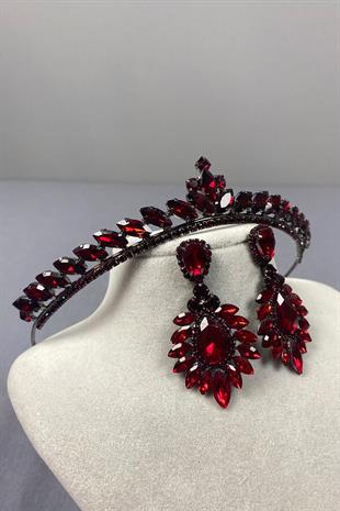 Bordo Ece Gelin Kına Tacı Ve Damla Mekik Küpe Seti