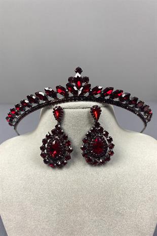 Burgundy Ece Bridal Henna Crown and Drop Stone Earring Set