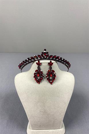 Burgundy Ece Bridal Henna Crown and Shuttle Stone Earrings