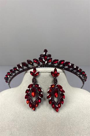 Burgundy Ece Bridal Henna Crown and Shuttle Stone Earrings