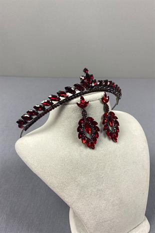 Burgundy Ece Bridal Henna Crown and Shuttle Stone Earrings